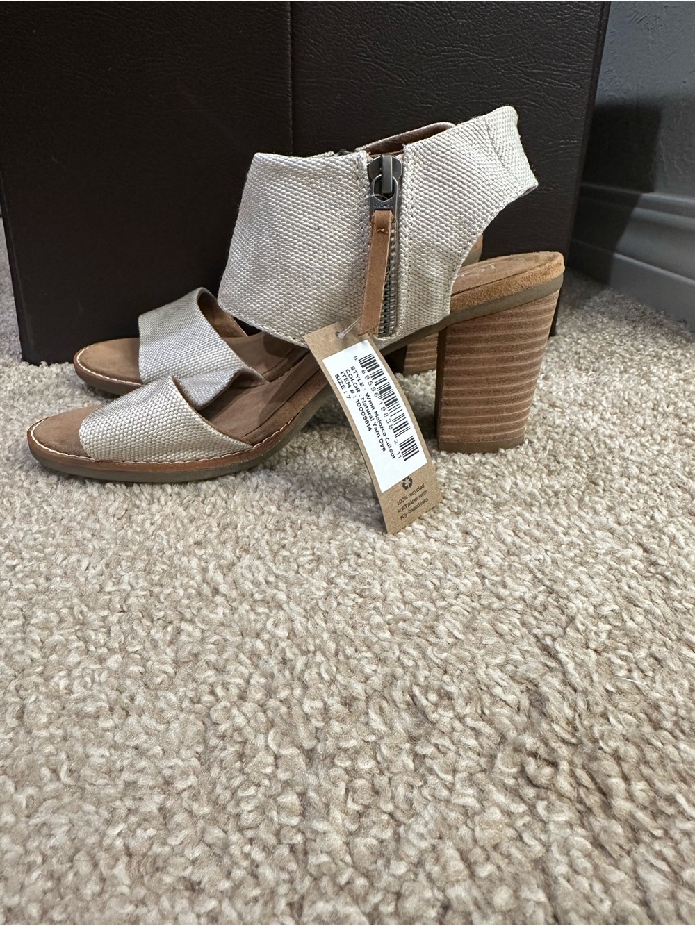 TOMS Beige Canvas Peep-Toe Block Heel Sandals NWT